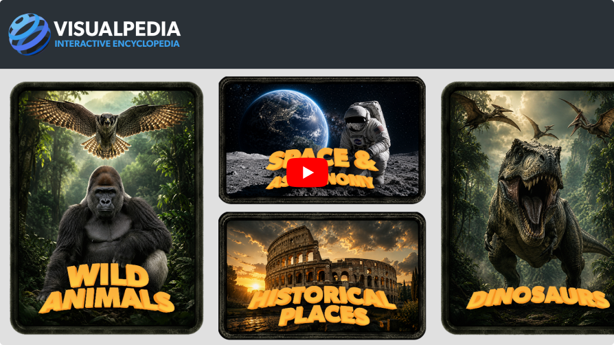 Visualpedia topic video board showing wild animals, space, historical places, and dinosaurs